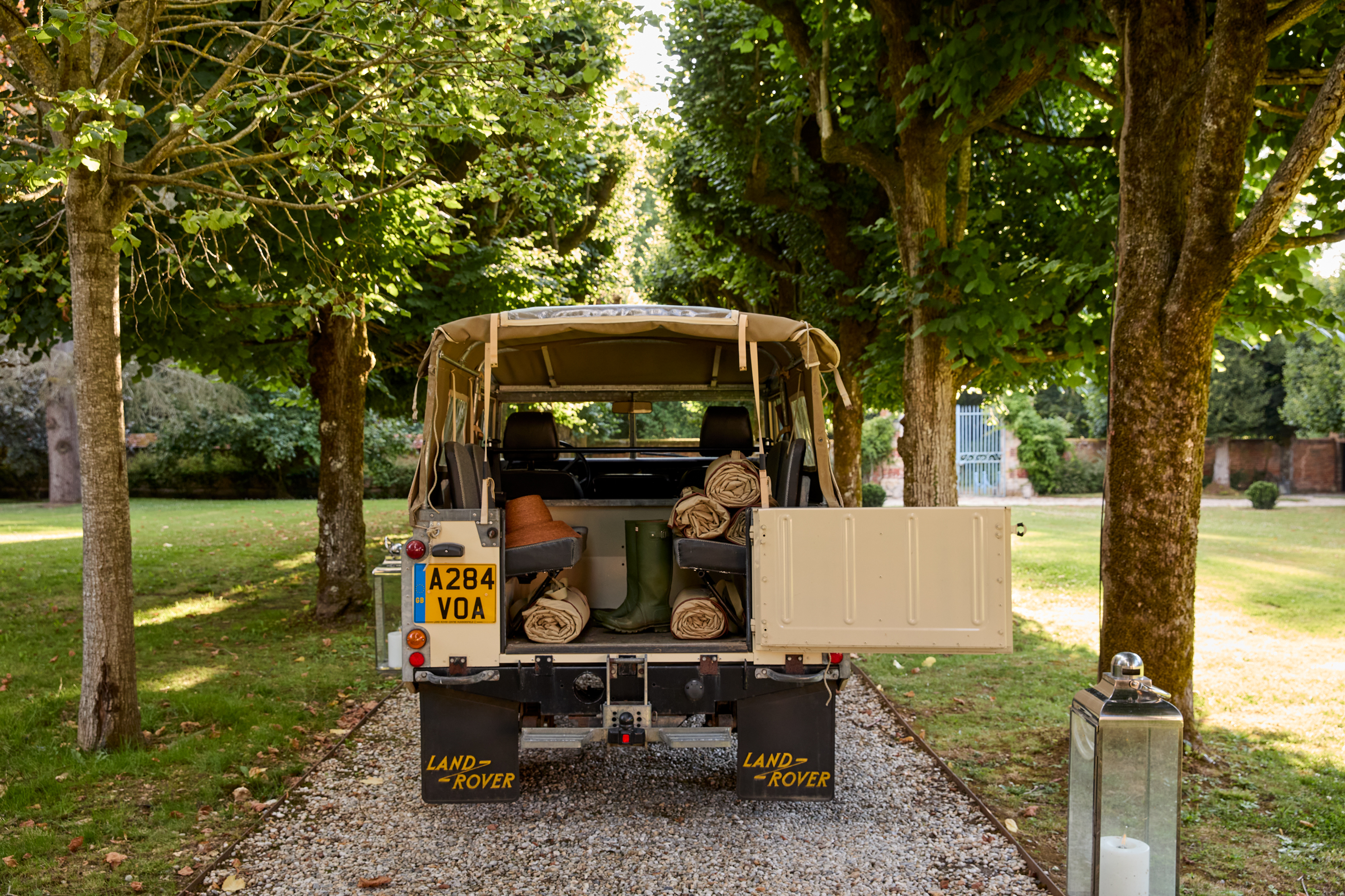 witness locations manoir saint calais normandy vintage land rover picnic trees